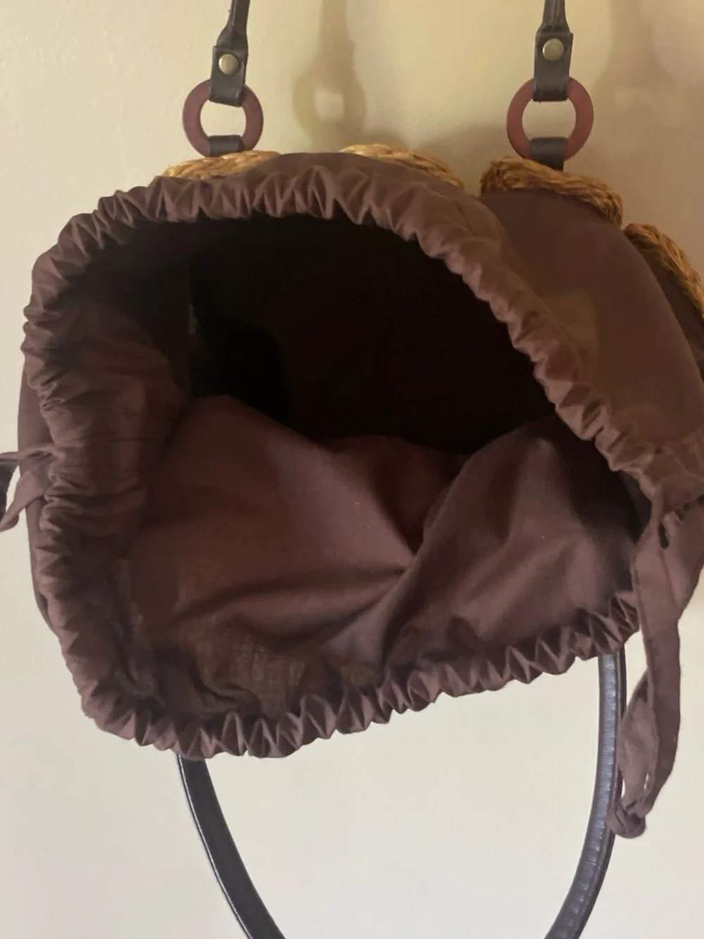 Source Unknown Natural Straw Circle-Tile Tote with Dark Brown Handles